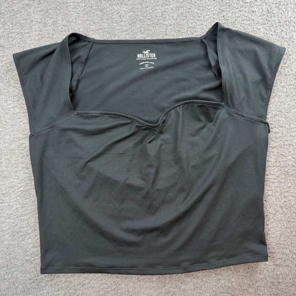 Hollister Sweetheart Neck Top Women's Large Black Cap Sleeve Cropped Shirt